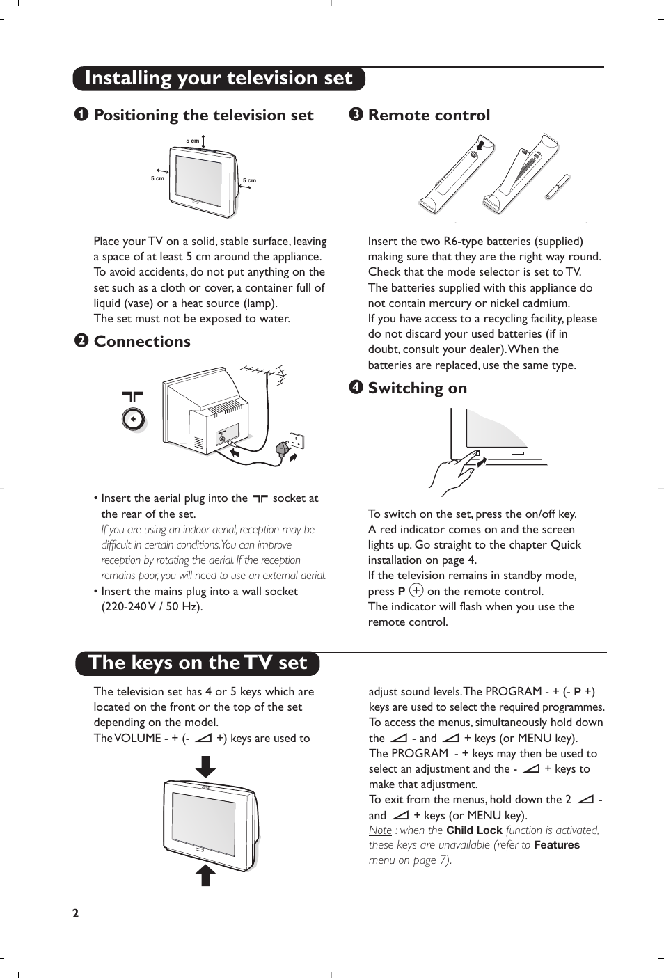 Positioning the television set, Connections, Remote control | Switching on | Philips 32PW8819 User Manual | Page 4 / 112