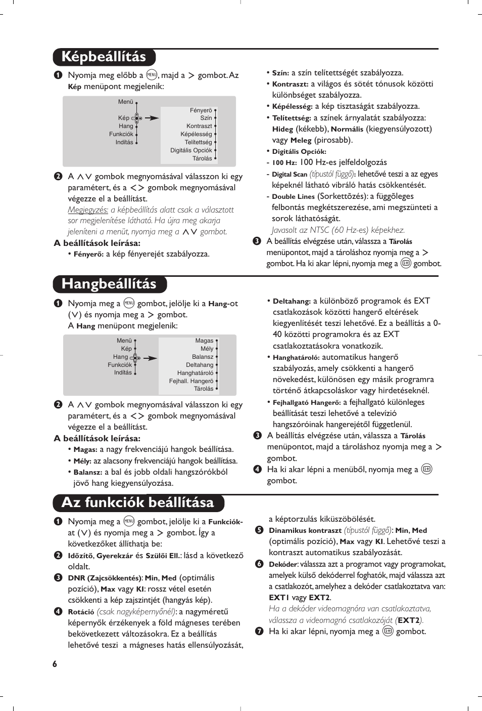 Képbeállítás hangbeállítás, Az funkciók beállítása | Philips 32PW8819 User Manual | Page 44 / 112