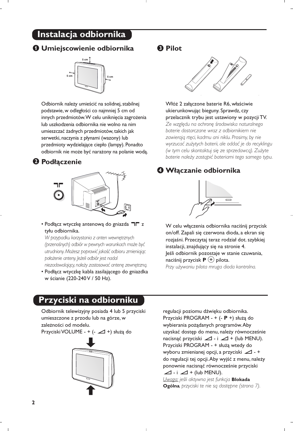 Instalacja odbiornika przyciski na odbiorniku, Umiejscowienie odbiornika, Podłączenie | Pilot, Włączanie odbiornika | Philips 32PW8819 User Manual | Page 64 / 112