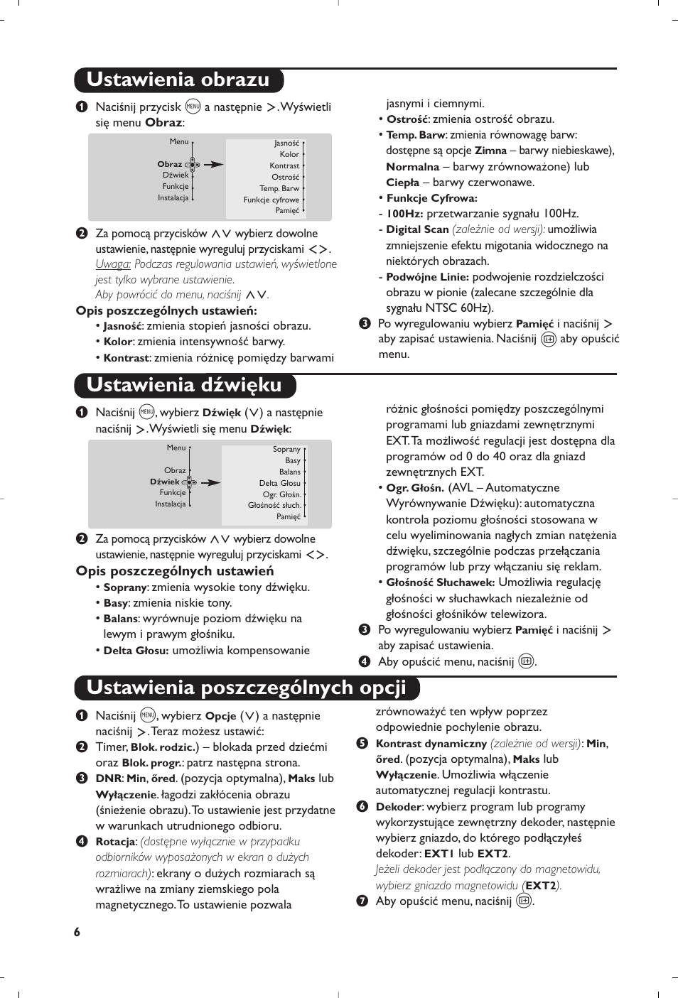 Ustawienia obrazu ustawienia dźwięku, Ustawienia poszczególnych opcji | Philips 32PW8819 User Manual | Page 68 / 112