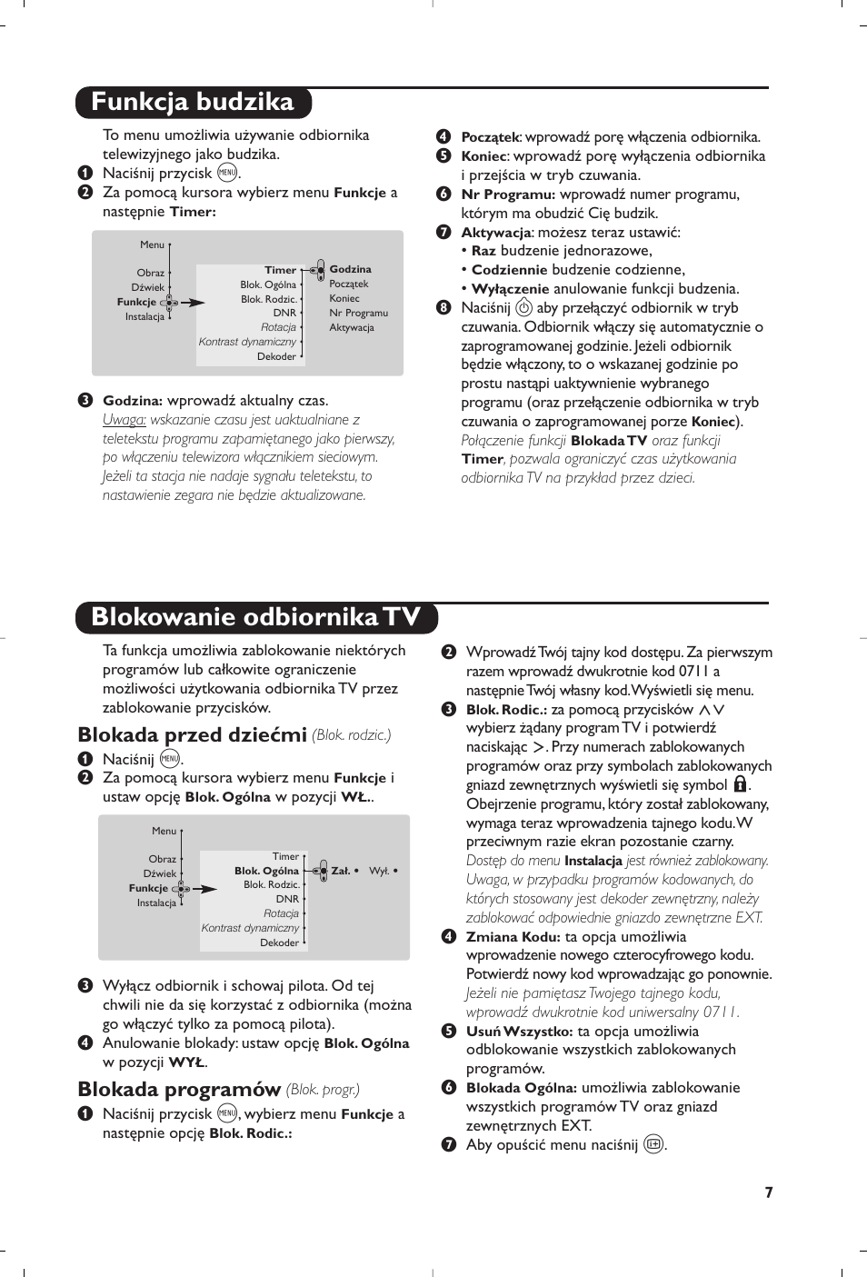 Funkcja budzika blokowanie odbiornika tv, Blokada przed dziećmi, Blokada programów | Philips 32PW8819 User Manual | Page 69 / 112