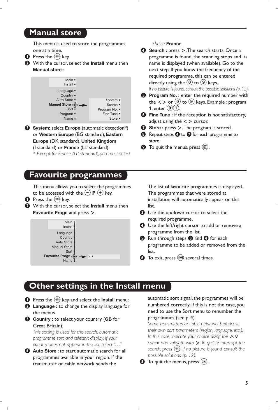 Manual store favourite programmes, Other settings in the install menu | Philips 32PW8819 User Manual | Page 7 / 112