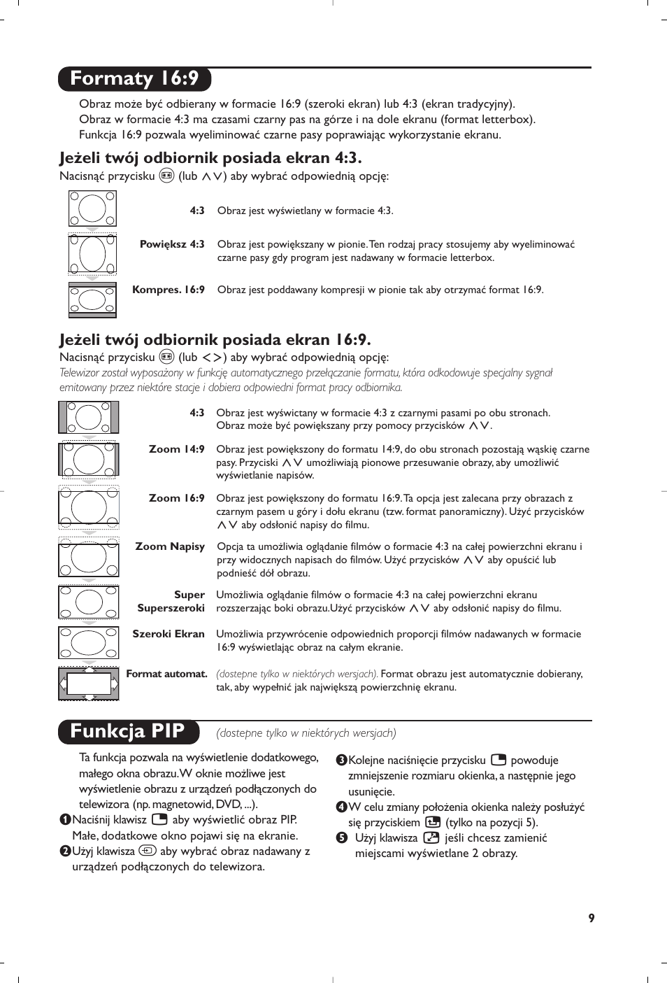 Formaty 16:9, Funkcja pip, Jeżeli twój odbiornik posiada ekran 4:3 | Jeżeli twój odbiornik posiada ekran 16:9 | Philips 32PW8819 User Manual | Page 71 / 112