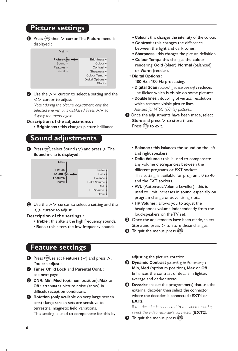 Picture settings sound adjustments, Feature settings | Philips 32PW8819 User Manual | Page 8 / 112