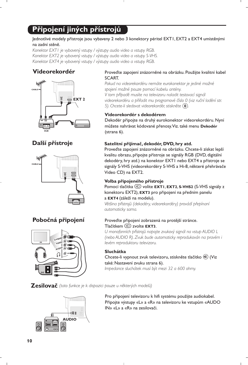 Připojení jiných přístrojů, Videorekordér, Další přístroje pobočná připojení zesilovač | Philips 32PW8819 User Manual | Page 84 / 112