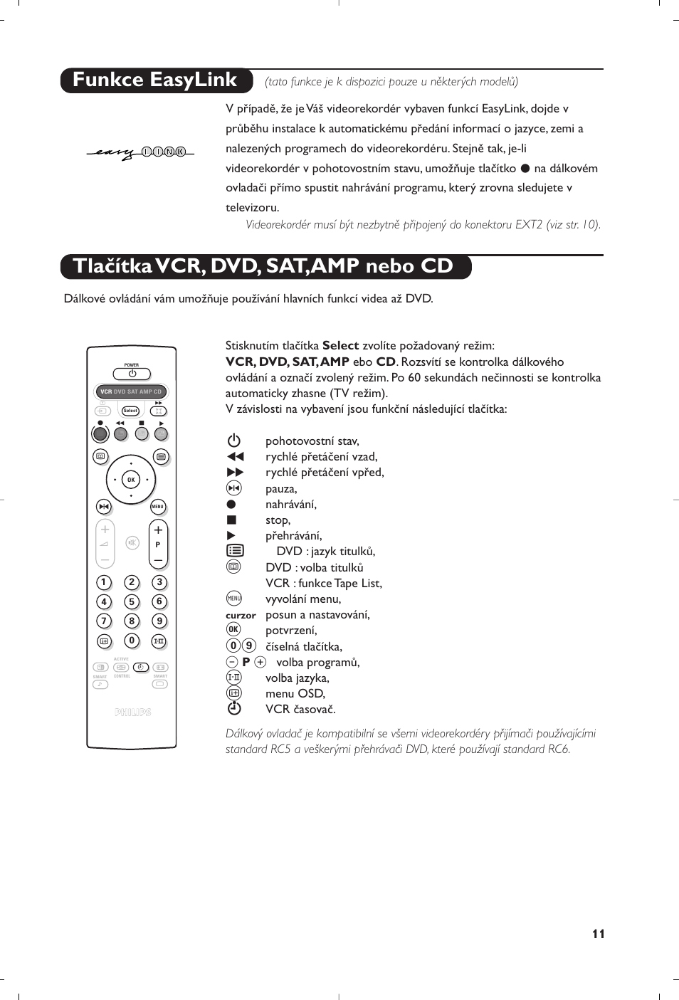 Tlačítka vcr, dvd, sat,amp nebo cd funkce easylink | Philips 32PW8819 User Manual | Page 85 / 112