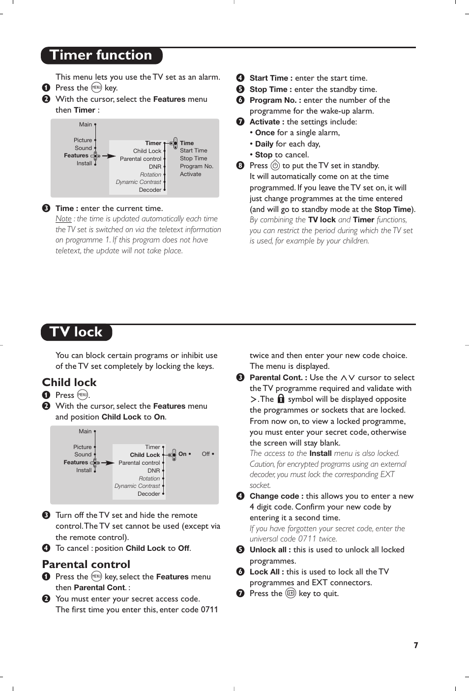 Timer function tv lock, Child lock, Parental control | Philips 32PW8819 User Manual | Page 9 / 112