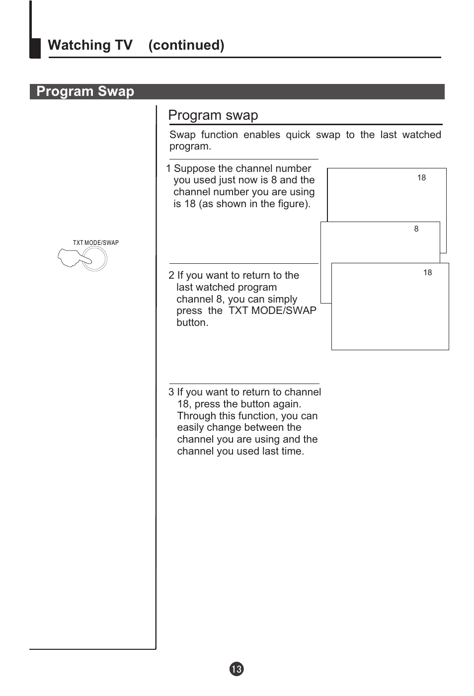 Watching tv (continued), Program swap program swap | haier DTA-1486 User Manual | Page 14 / 64