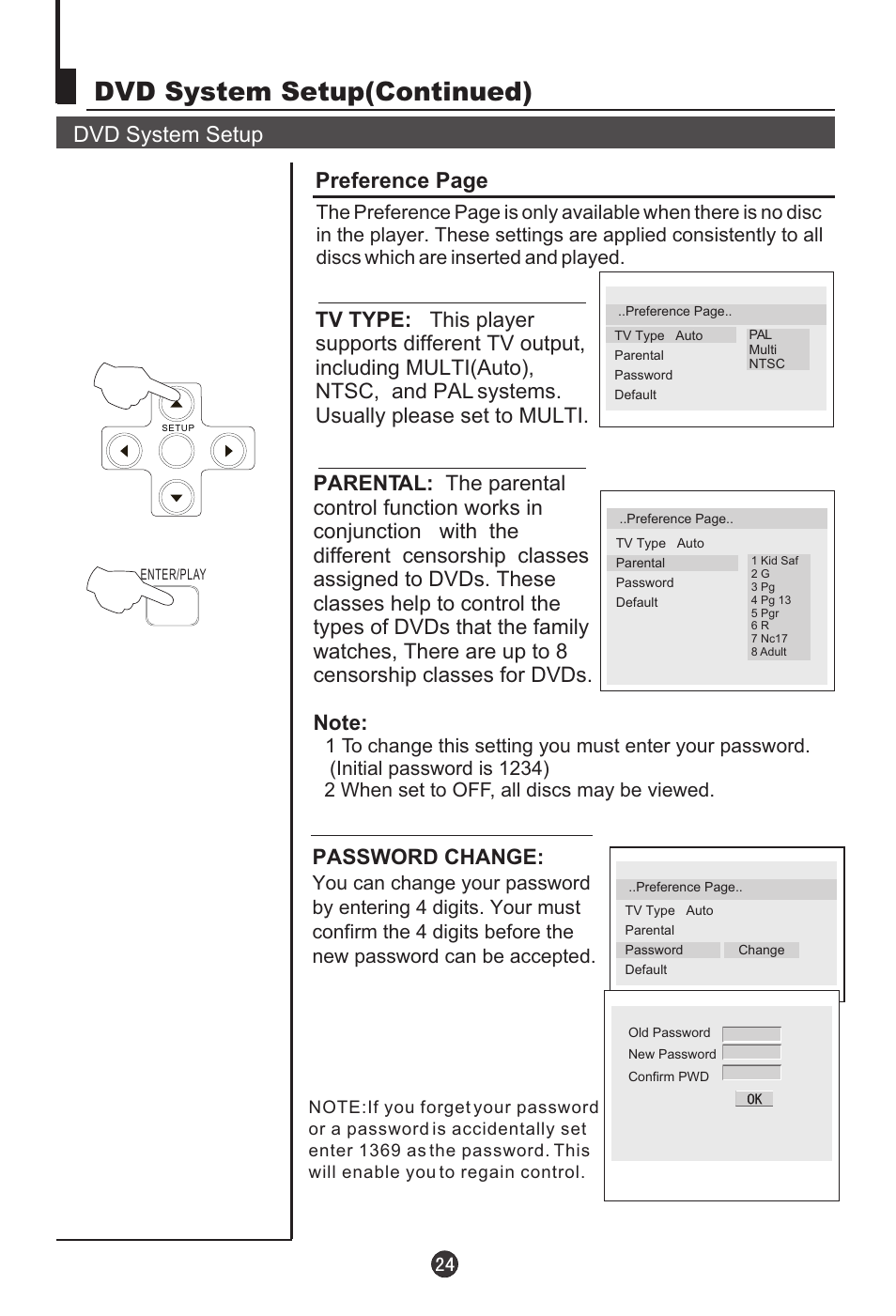 Dvd system setup(continued), Dvd system setup, Preference page | Password change | haier DTA-1486 User Manual | Page 25 / 64