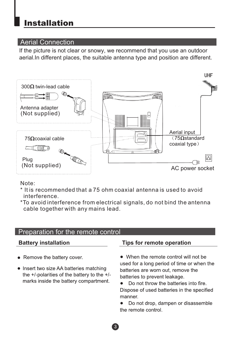 Installation, Aerial connection, Preparation for the remote control | haier DTA-1486 User Manual | Page 4 / 64