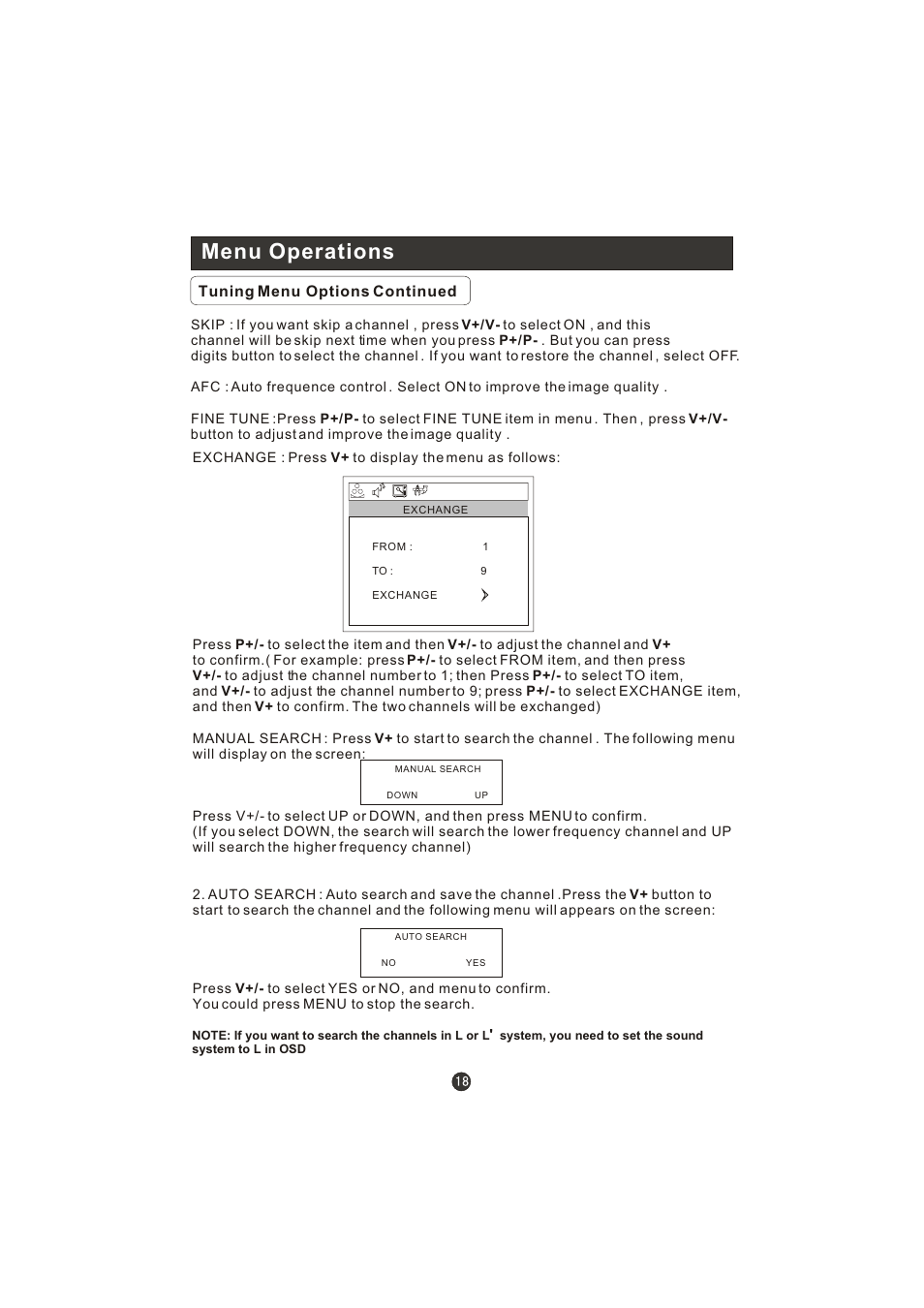 Menu operations, Tuning menu options continued | haier WL22T1 User Manual | Page 20 / 27