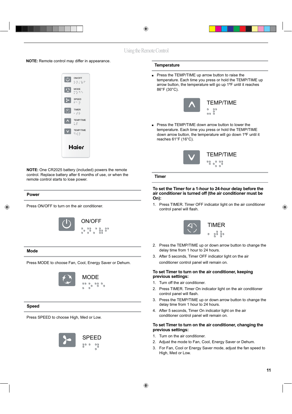 Using the remote control, Mode speed, Timer | On/off, Temp/time | haier ESA424K-L User Manual | Page 11 / 44