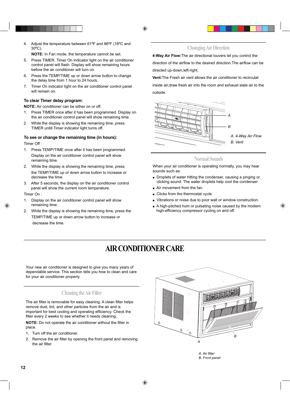 Air conditioner care, Normal sounds cleaning the air filter, Changing air direction | haier ESA424K-L User Manual | Page 12 / 44