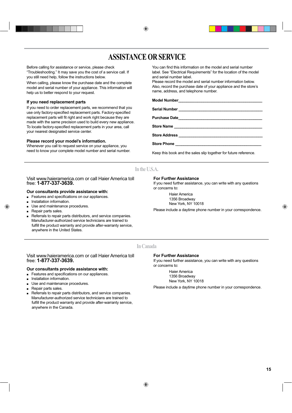 Assistance or service | haier ESA424K-L User Manual | Page 15 / 44