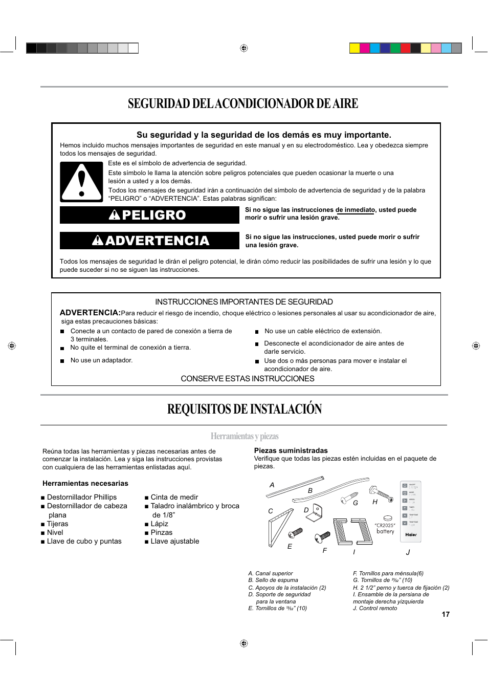 Peligro advertencia, Herramientas y piezas | haier ESA424K-L User Manual | Page 17 / 44