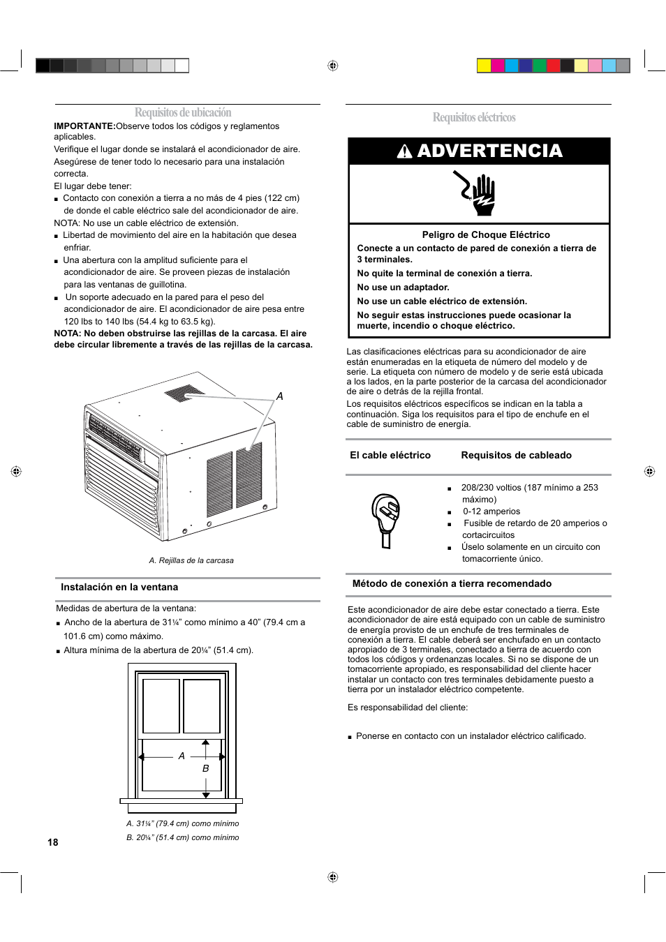 Advertencia, Requisitos de ubicación, Requisitos eléctricos | haier ESA424K-L User Manual | Page 18 / 44