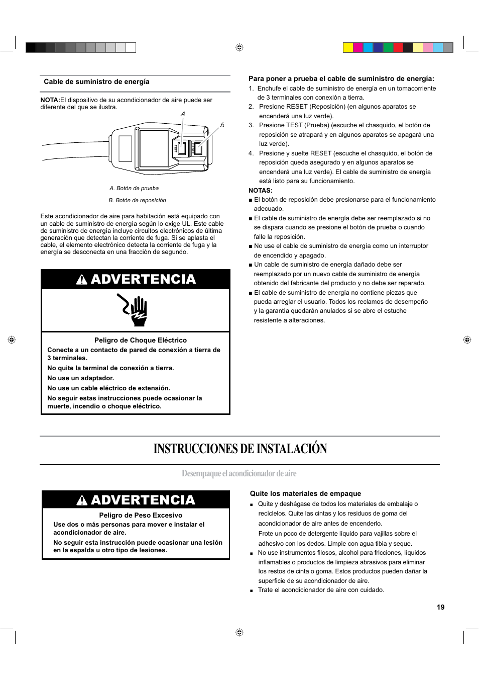 Instrucciones de instalación, Advertencia, Desempaque el acondicionador de aire | haier ESA424K-L User Manual | Page 19 / 44