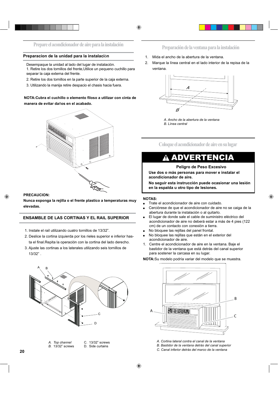 Advertencia, Coloque el acondicionador de aire en su lugar, Preparación de la ventana para la instalación | haier ESA424K-L User Manual | Page 20 / 44