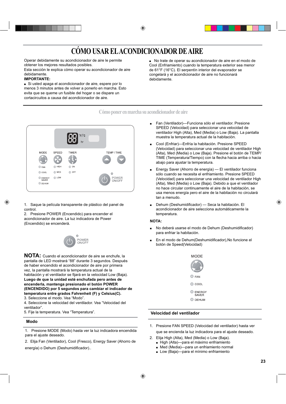 Cómo usar el acondicionador de aire, Cómo poner en marcha su acondicionador de aire, Nota | haier ESA424K-L User Manual | Page 23 / 44