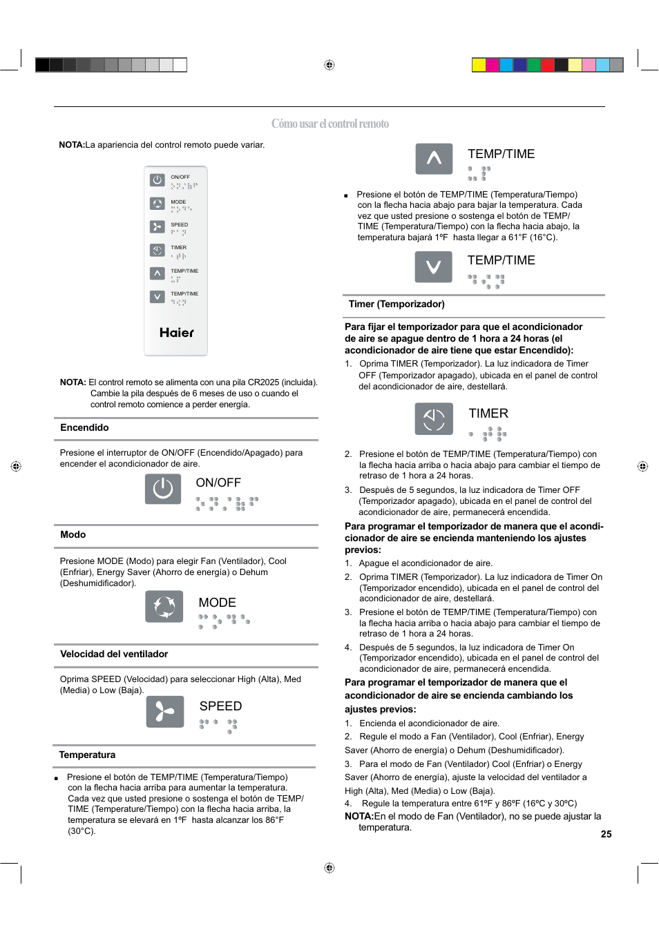 Cómo usar el control remoto, Mode, Speed timer | On/off, Temp/time | haier ESA424K-L User Manual | Page 25 / 44