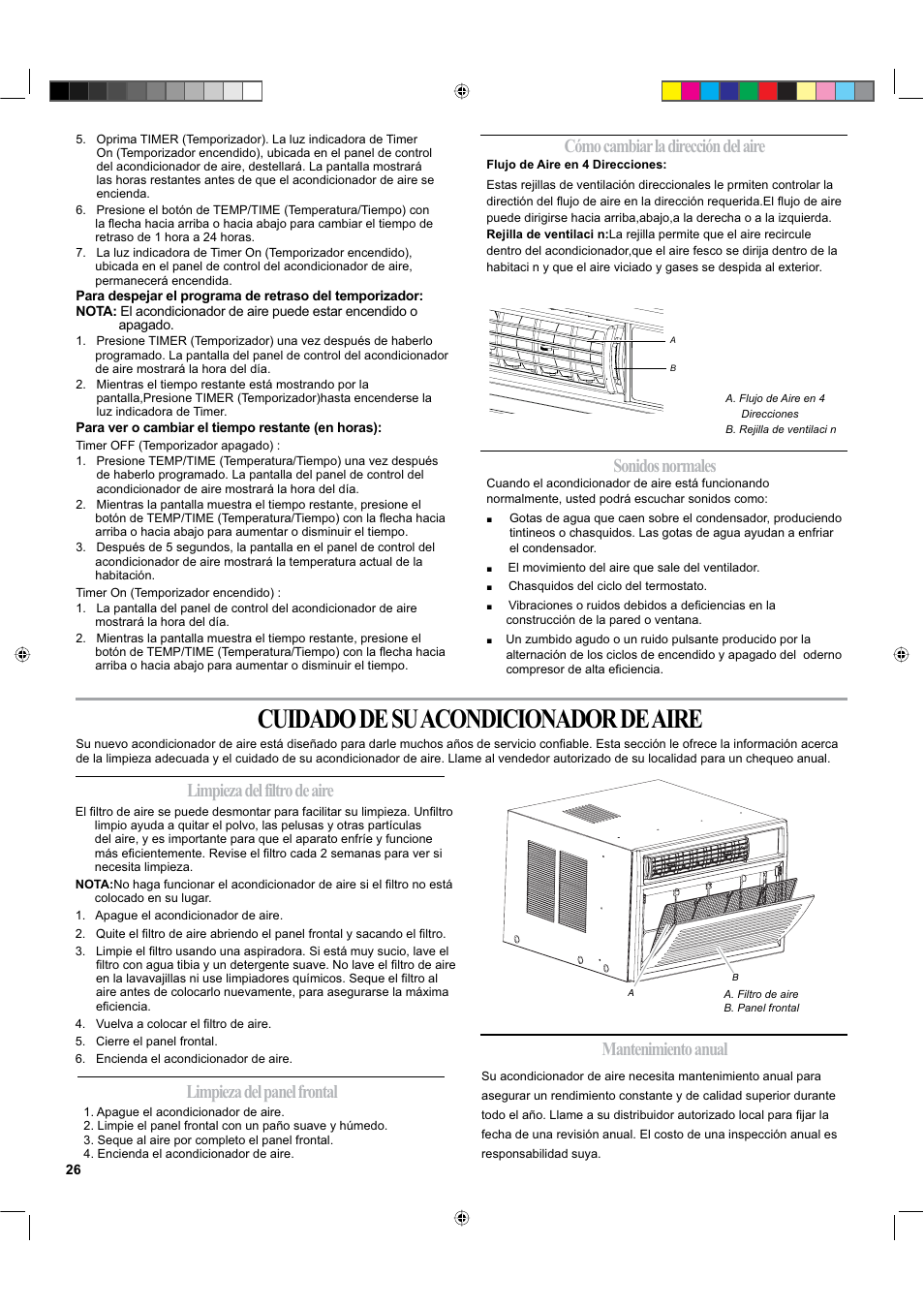 Cuidado de su acondicionador de aire, Cómo cambiar la dirección del aire | haier ESA424K-L User Manual | Page 26 / 44