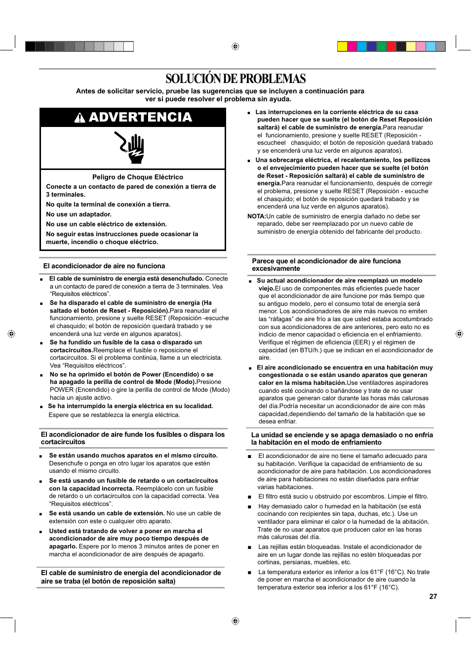 Solución de problemas, Advertencia | haier ESA424K-L User Manual | Page 27 / 44