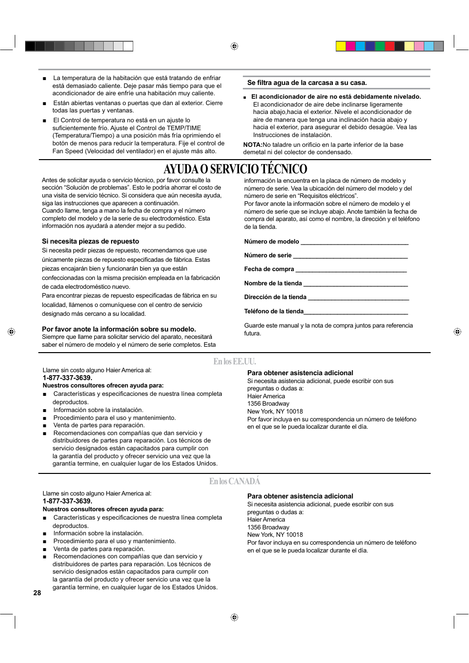 Ayuda o servicio técnico, En los ee.uu. en los canadá | haier ESA424K-L User Manual | Page 28 / 44