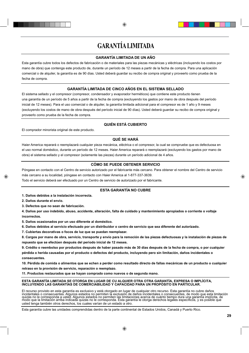 Garantía limitada | haier ESA424K-L User Manual | Page 29 / 44