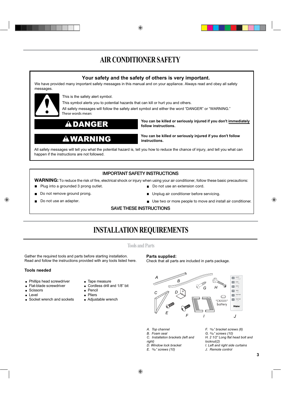 Air conditioner safety installation requirements, Danger warning, Tools and parts | haier ESA424K-L User Manual | Page 3 / 44