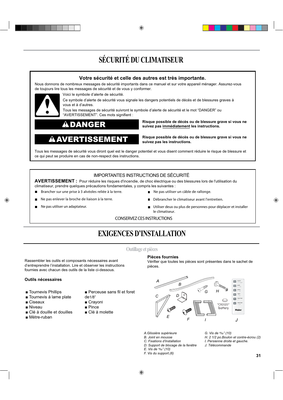 Sécurité du climatiseur exigences d’installation, Danger avertissement, Outillage et pièces | haier ESA424K-L User Manual | Page 31 / 44