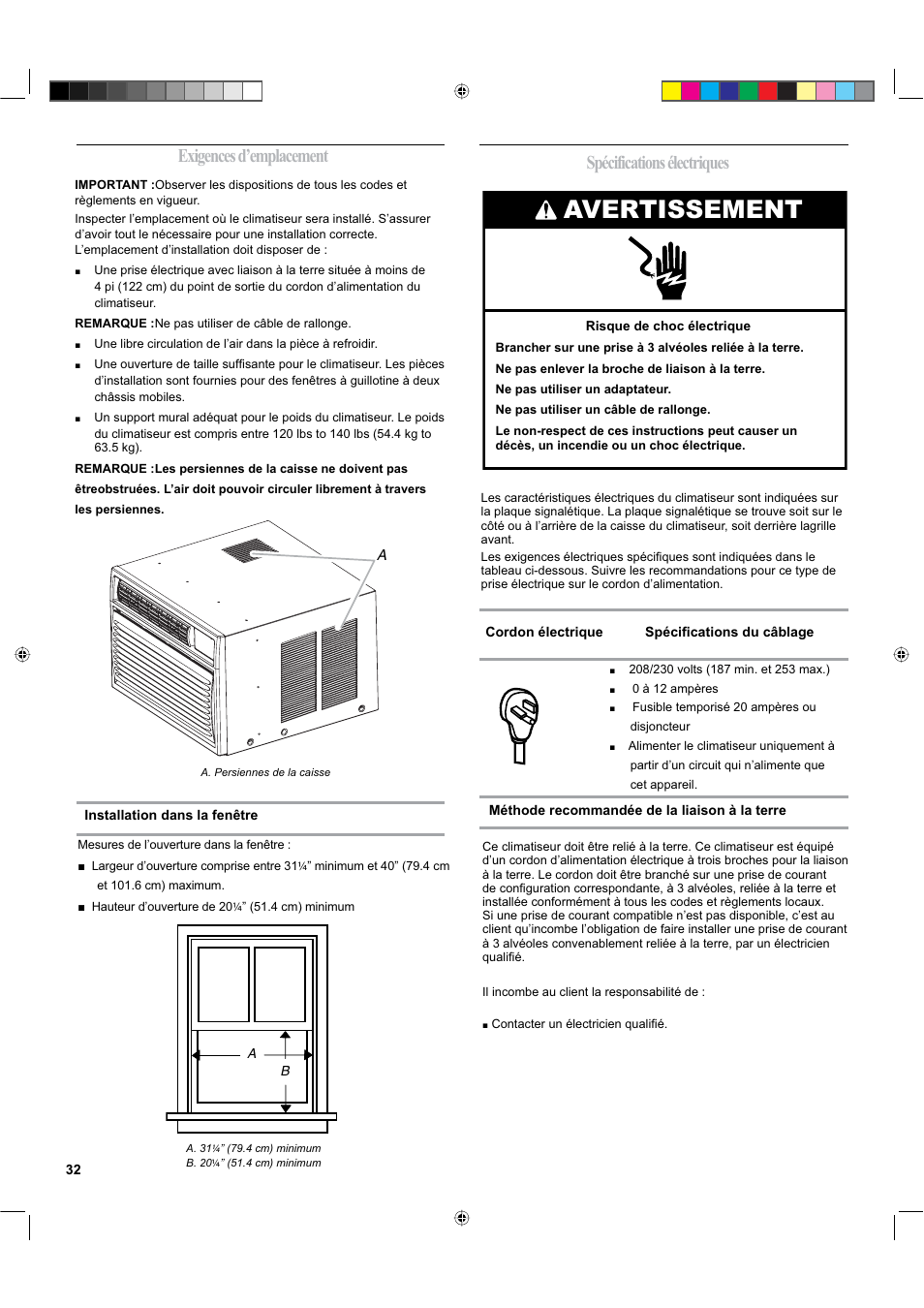 Avertissement, Exigences d’emplacement, Spécifications électriques | haier ESA424K-L User Manual | Page 32 / 44