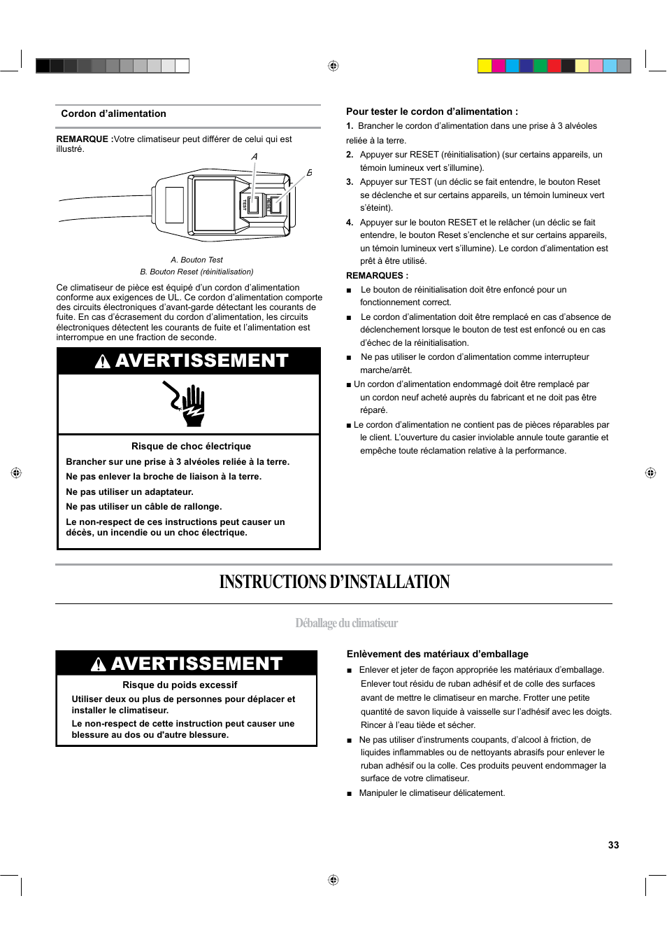 Instructions d’installation, Avertissement, Déballage du climatiseur | haier ESA424K-L User Manual | Page 33 / 44