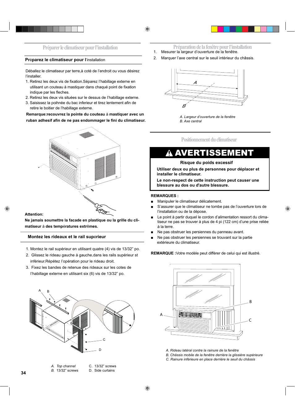 Avertissement, Positionnement du climatiseur, Préparation de la fenêtre pour l’installation | Préparer le climatiseur pour l’installation | haier ESA424K-L User Manual | Page 34 / 44