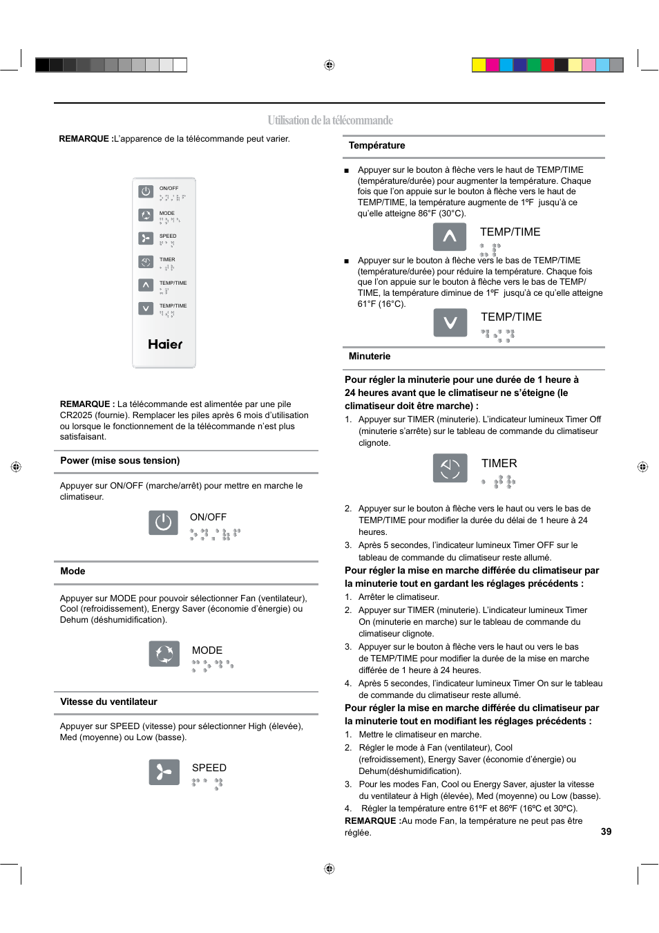 Utilisation de la télécommande, Timer temp/time temp/time | haier ESA424K-L User Manual | Page 39 / 44