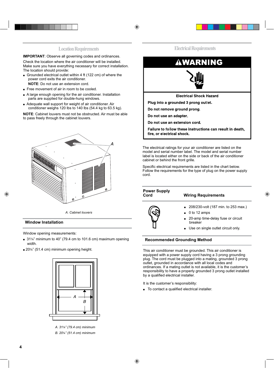 Location requirements, Electrical requirements | haier ESA424K-L User Manual | Page 4 / 44