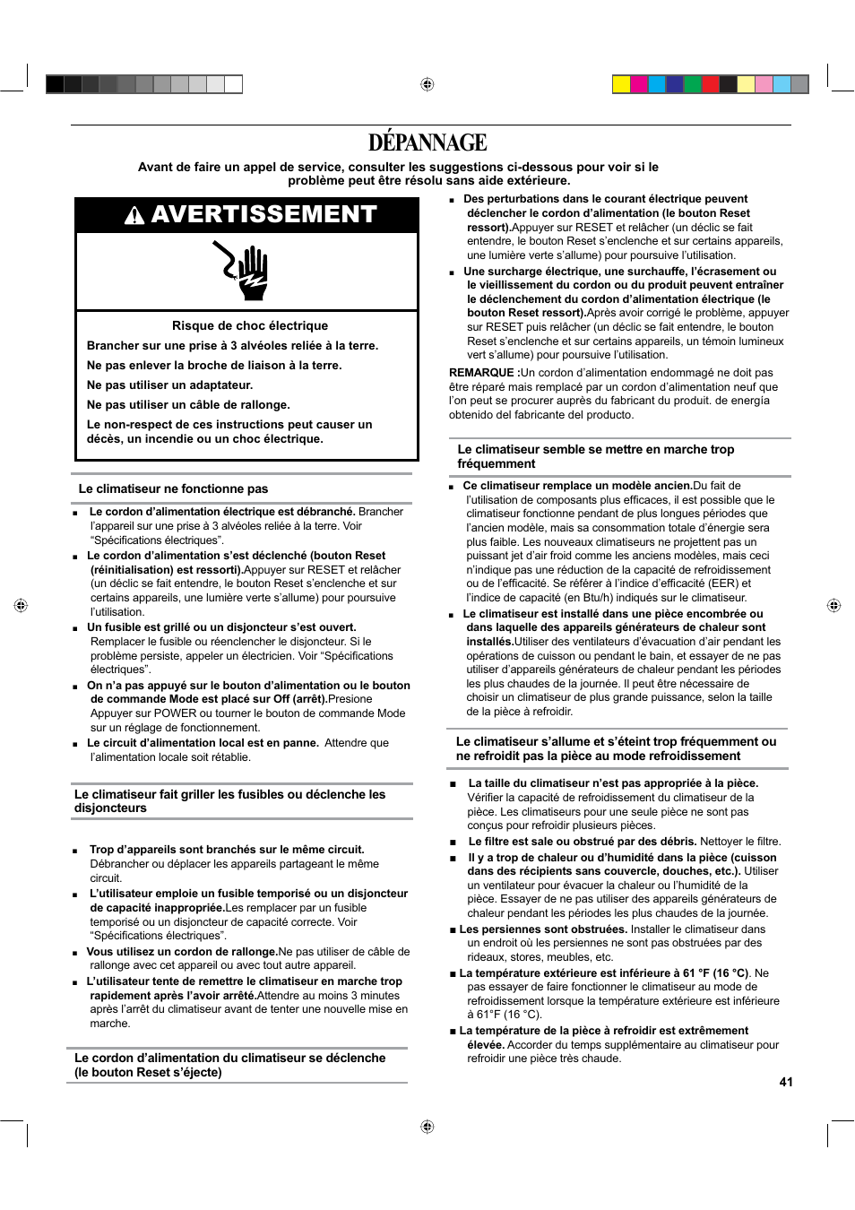 Dépannage, Avertissement | haier ESA424K-L User Manual | Page 41 / 44