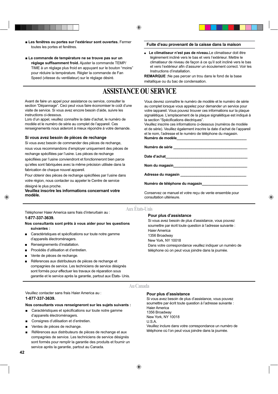 Assistance ou service, Aux états-unis au canada | haier ESA424K-L User Manual | Page 42 / 44