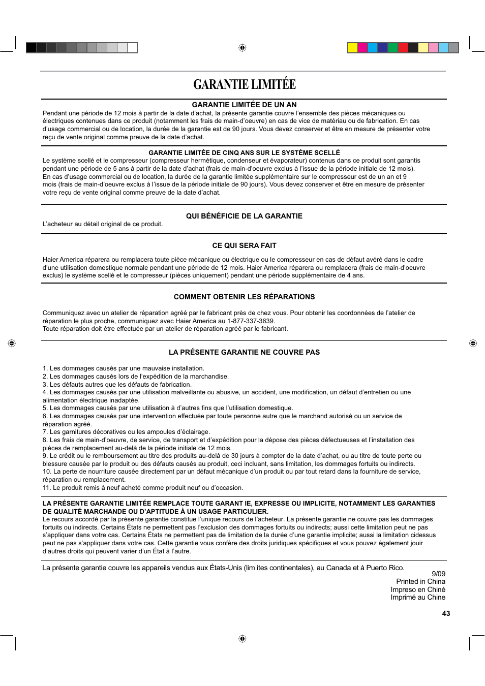 Garantie limitée | haier ESA424K-L User Manual | Page 43 / 44