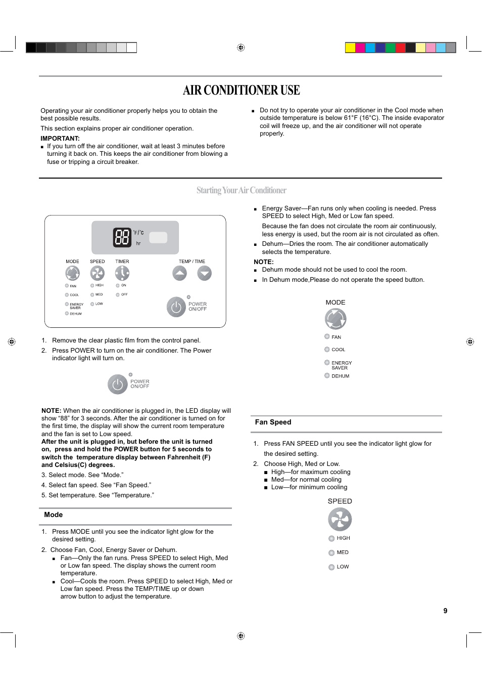 Air conditioner use, Starting your air conditioner | haier ESA424K-L User Manual | Page 9 / 44