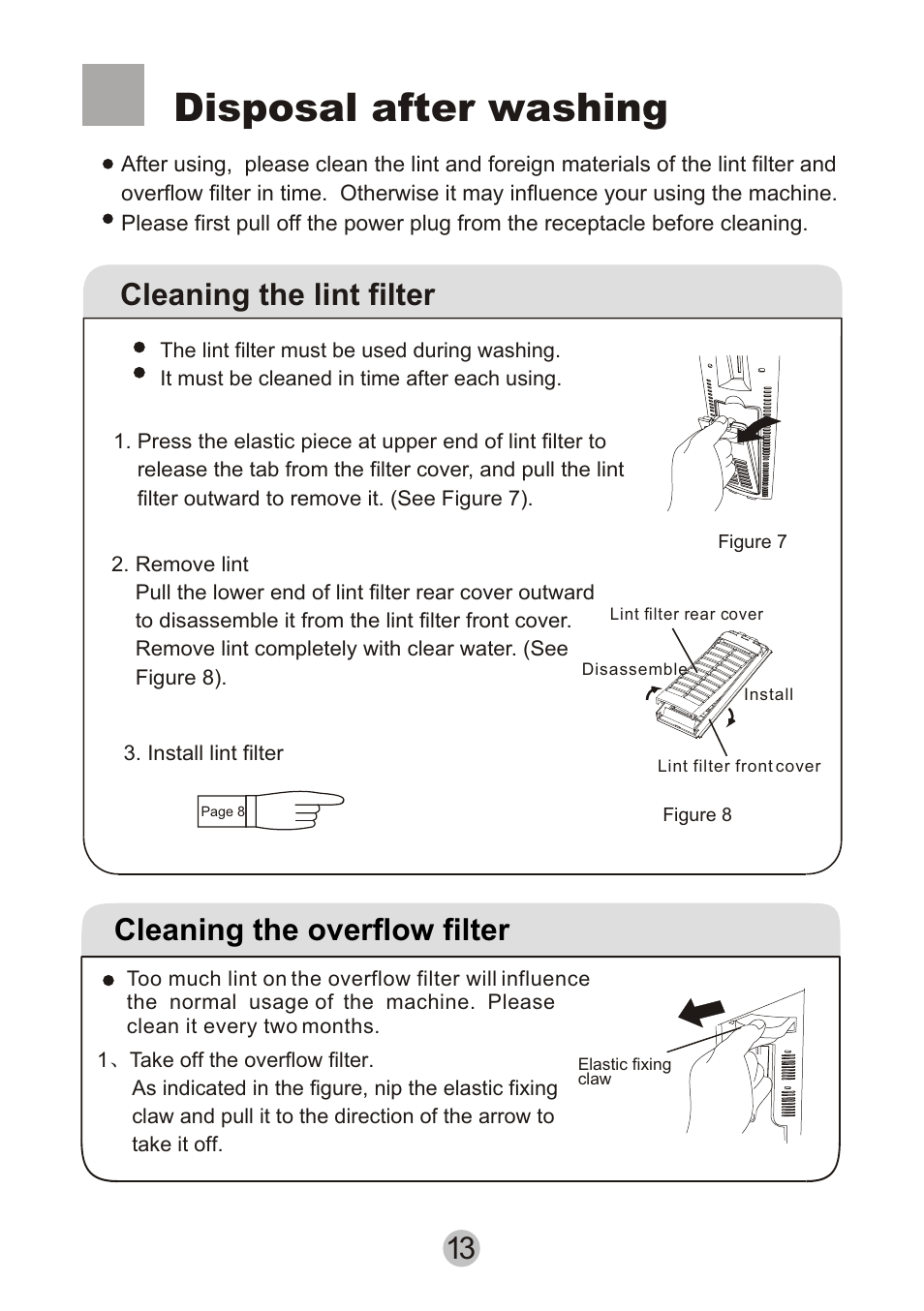 Disposal after washing, Cleaning the lint filter, Cleaning the overflow filter | haier HWM80-0626S User Manual | Page 15 / 19