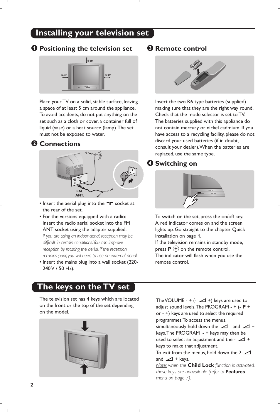 Positioning the television set, Connections, Remote control | Switching on | Philips 28PW6008 User Manual | Page 4 / 84