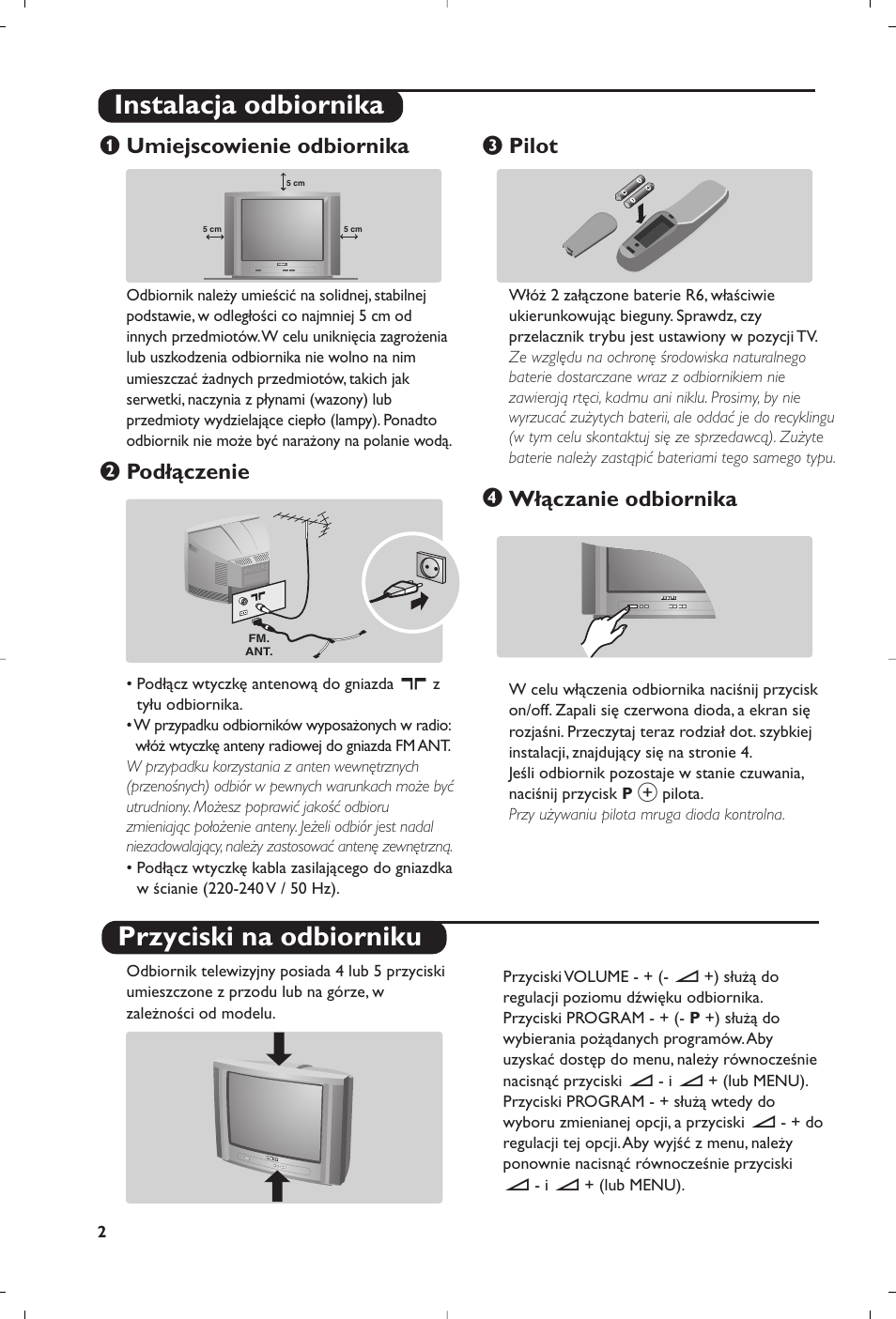 Instalacja odbiornika przyciski na odbiorniku, Umiejscowienie odbiornika, Podłączenie | Pilot, Włączanie odbiornika | Philips 28PW6008 User Manual | Page 44 / 84