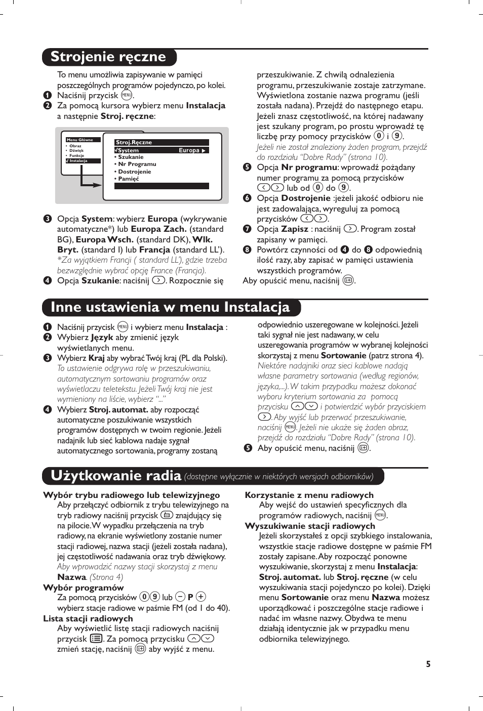 Strojenie ręczne inne ustawienia w menu instalacja, Użytkowanie radia | Philips 28PW6008 User Manual | Page 47 / 84