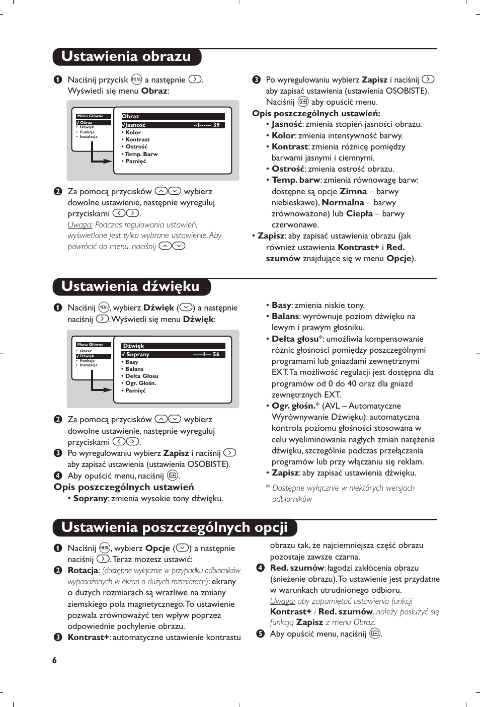 Ustawienia obrazu ustawienia dźwięku, Ustawienia poszczególnych opcji | Philips 28PW6008 User Manual | Page 48 / 84