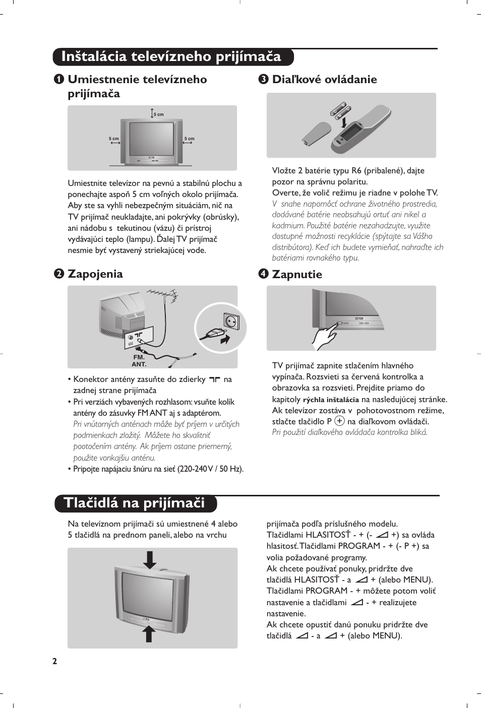 Umiestnenie televízneho prijímača, Zapojenia, Diaľkové ovládanie | Zapnutie | Philips 28PW6008 User Manual | Page 64 / 84