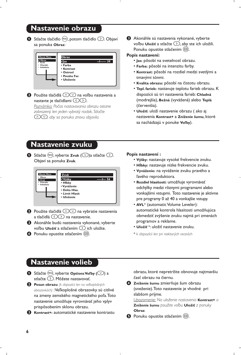 Nastavenie obrazu nastavenie zvuku, Nastavenie volieb | Philips 28PW6008 User Manual | Page 68 / 84