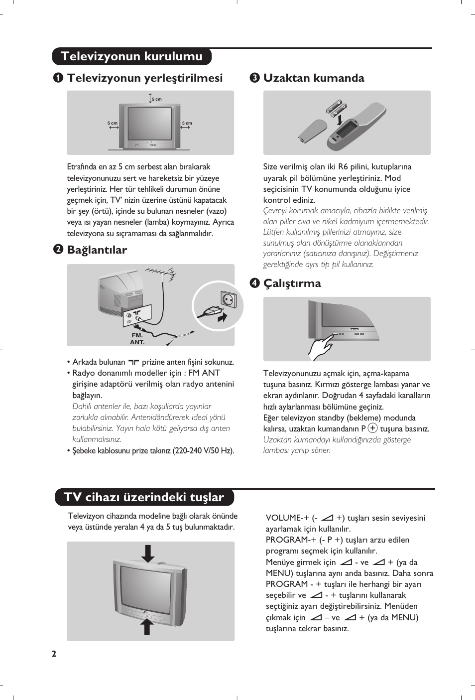 Televizyonun kurulumu tv cihaz› üzerindeki tuﬂlar, Televizyonun yerleﬂtirilmesi, Ba¤lant›lar | Uzaktan kumanda, Çal›ﬂt›rma | Philips 28PW6008 User Manual | Page 74 / 84