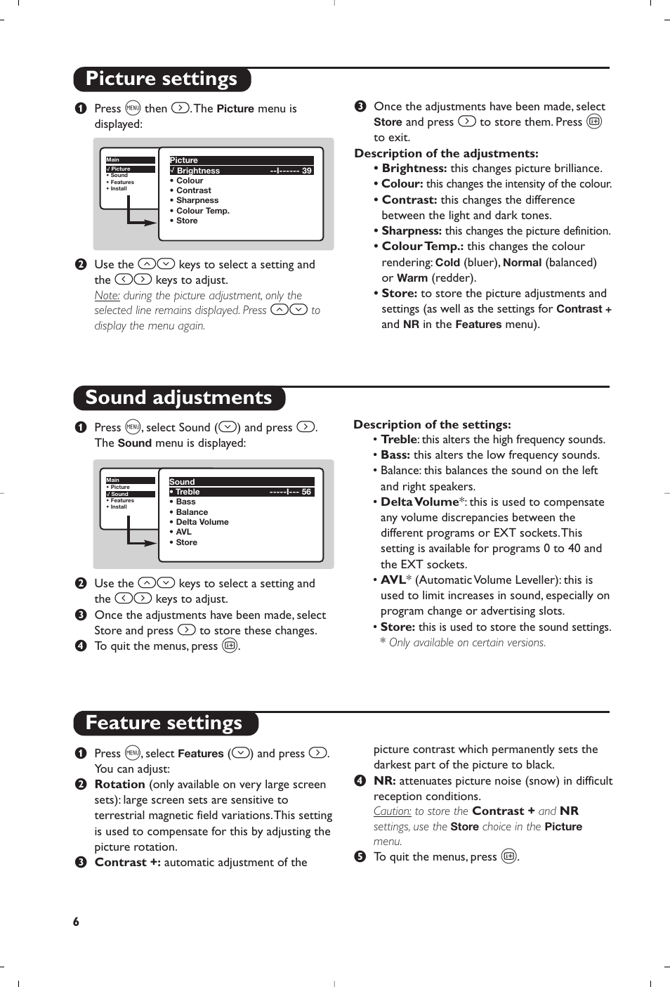 Picture settings sound adjustments, Feature settings | Philips 28PW6008 User Manual | Page 8 / 84