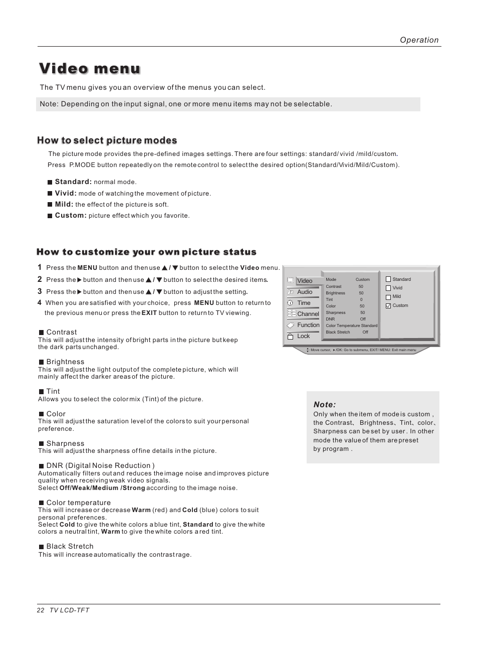 Video menu, How to select picture modes, How to customize your own picture status | Operation | haier HL47E User Manual | Page 22 / 50