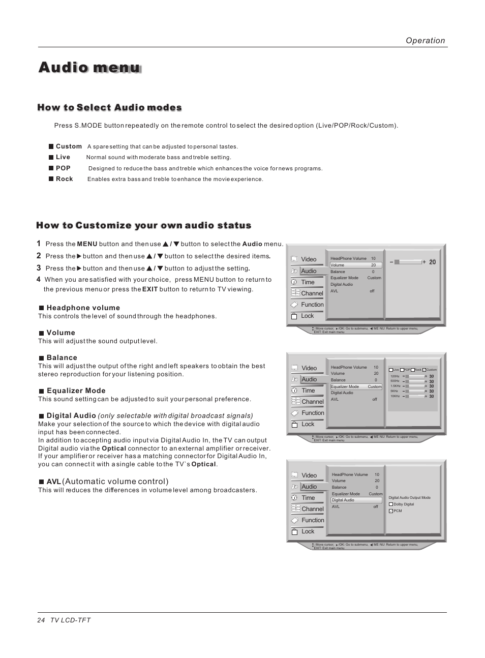 Audio menu, How to customize your own audio status, How to select audio modes | Automatic volume control), Operation, Headphone volume, Volume, Balance, Equalizer mode, Digital audio | haier HL47E User Manual | Page 24 / 50